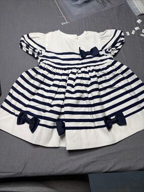 Bonnie baby Navy and White Striped Baby Dress with Navy Bow